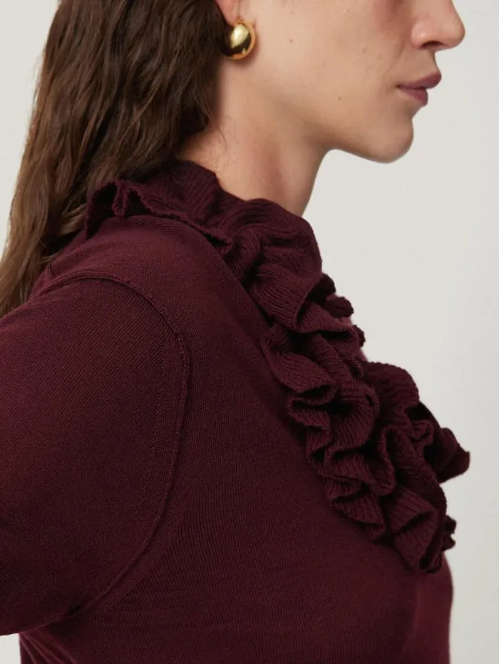 Merino Ruffle V Neck Jumper Burgundy Women Jigsaw Knitwear and Cashmere