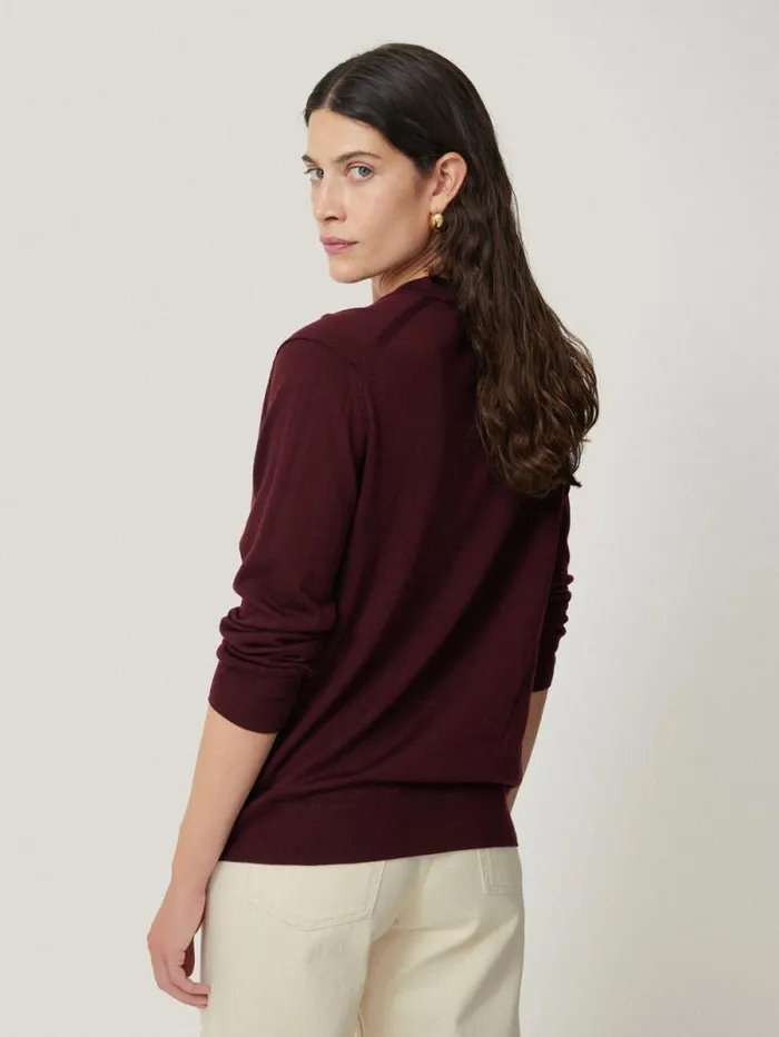 Merino Ruffle V Neck Jumper Burgundy Women Jigsaw Knitwear and Cashmere
