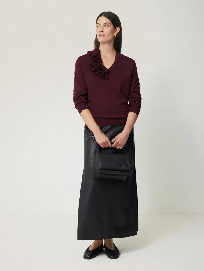Merino Ruffle V Neck Jumper Burgundy Women Jigsaw Knitwear and Cashmere