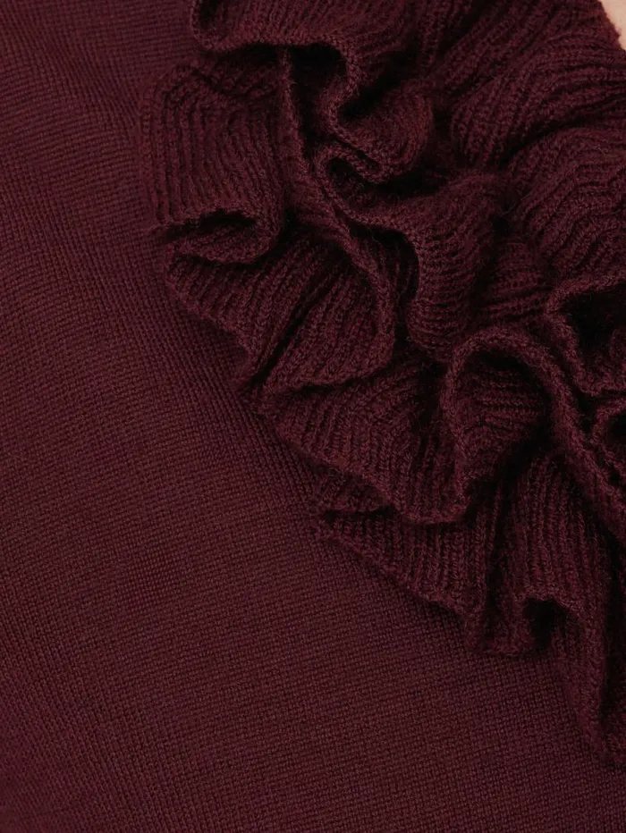 Merino Ruffle V Neck Jumper Burgundy Women Jigsaw Knitwear and Cashmere
