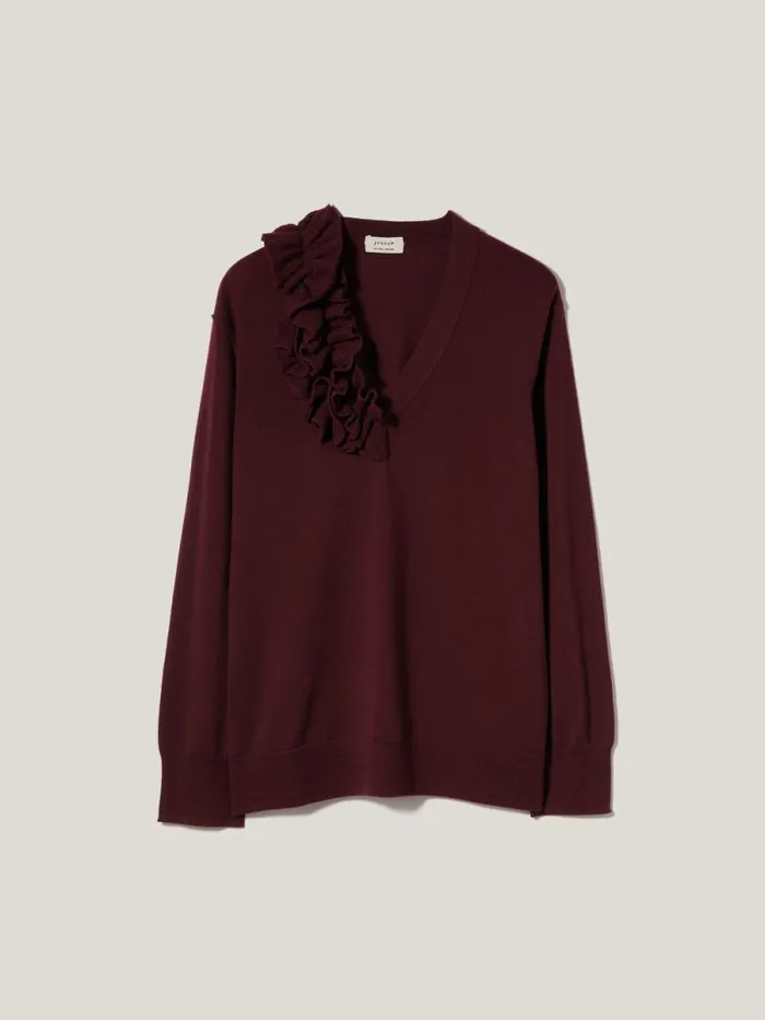 Merino Ruffle V Neck Jumper Burgundy Women Jigsaw Knitwear and Cashmere