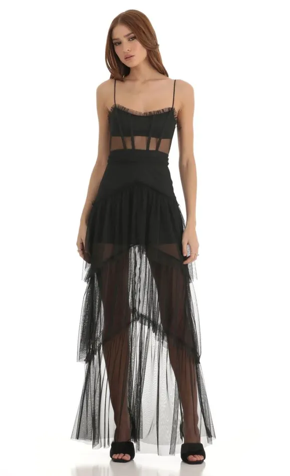 Mesh Corset Maxi Dress Black Women LUCY IN THE SKY Maxi Dresses