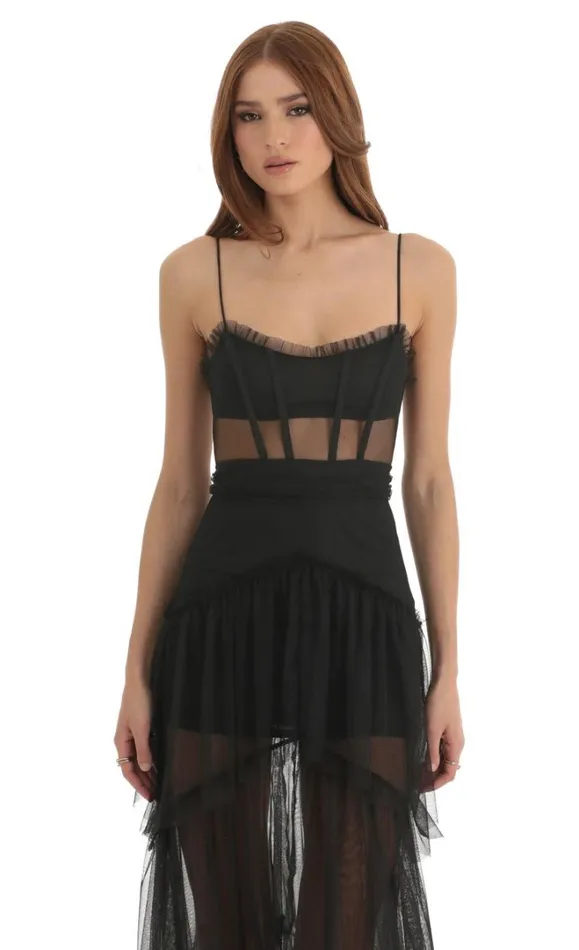 Mesh Corset Maxi Dress Black Women LUCY IN THE SKY Maxi Dresses