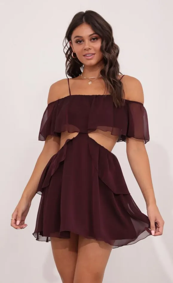Mesh Cutout Dress Burgandy Women LUCY IN THE SKY Mini Dresses