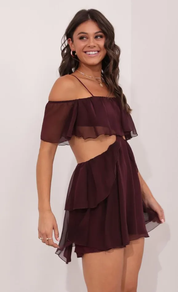 Mesh Cutout Dress Burgandy Women LUCY IN THE SKY Mini Dresses