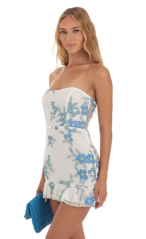 Mesh Embroidered Corset Strapless Dress White Women LUCY IN THE SKY Mini Dresses