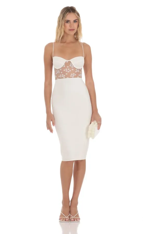 Mesh Floral Shimmer Cutout Midi Dress Ivory Women LUCY IN THE SKY Midi Dresses