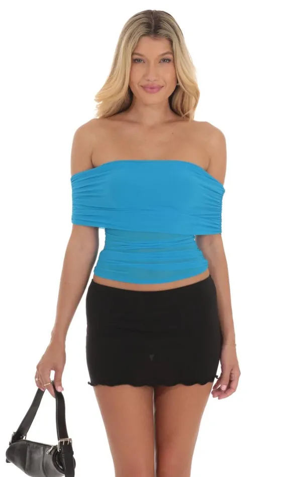Mesh Off Shoulder Ruched Top Aqua Blue Women LUCY IN THE SKY Tops