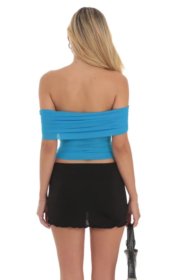 Mesh Off Shoulder Ruched Top Aqua Blue Women LUCY IN THE SKY Tops