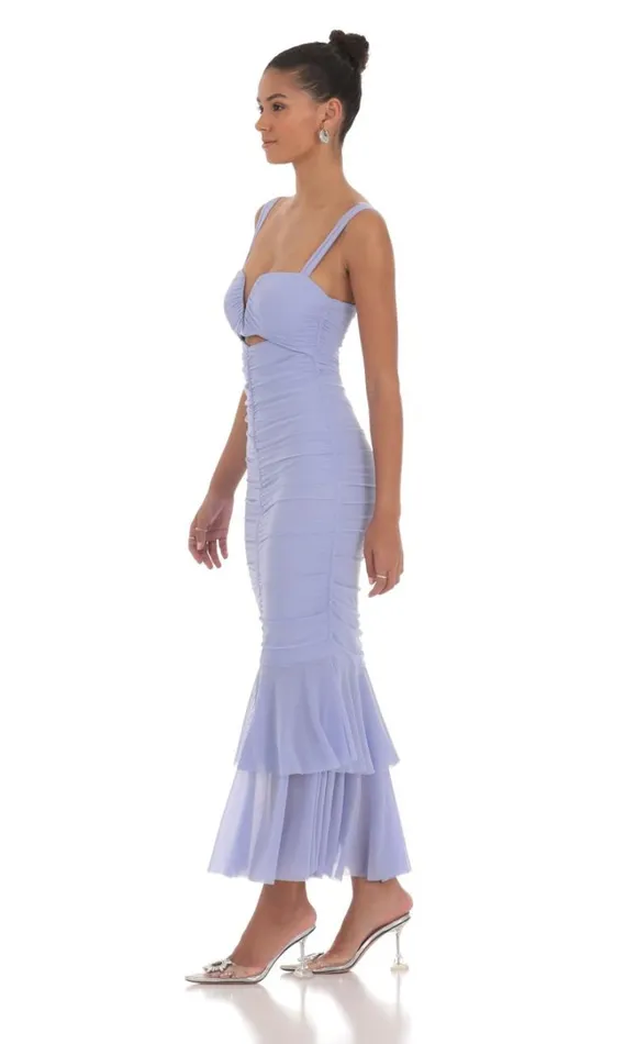 Mesh Ruched Mermaid Midi Dress Periwinkle Women LUCY IN THE SKY Midi Dresses Mesh Ruched Mermaid Midi Dress Periwinkle Women LUCY IN THE SKY Midi Dresses