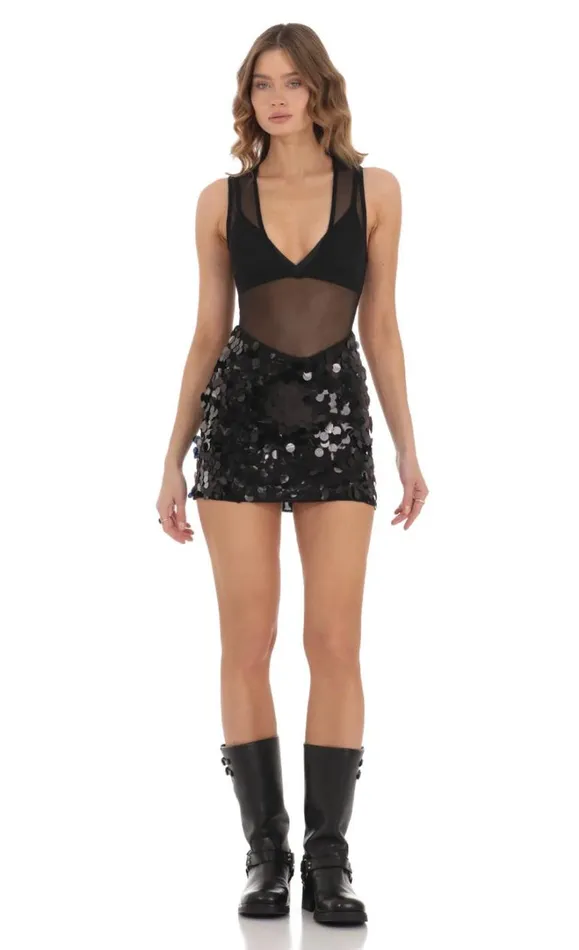 Mesh Sequin Skirt Dress Black Women LUCY IN THE SKY Mini Dresses Mesh Sequin Skirt Dress Black Women LUCY IN THE SKY Mini Dresses