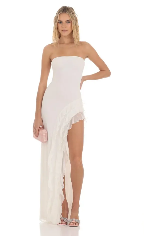 Mesh Strapless Triple Ruffle Maxi Dress White Women LUCY IN THE SKY Maxi Dresses