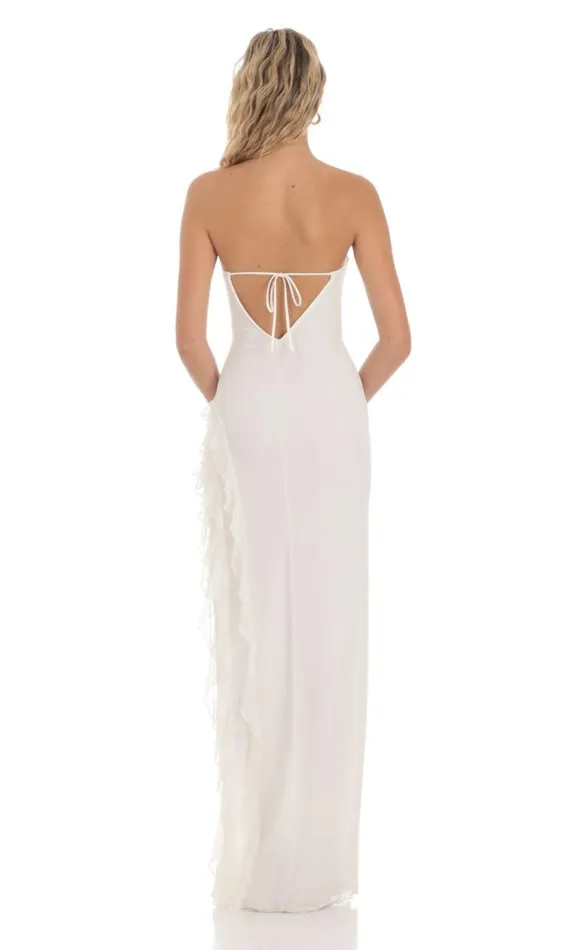 Mesh Strapless Triple Ruffle Maxi Dress White Women LUCY IN THE SKY Maxi Dresses Mesh Strapless Triple Ruffle Maxi Dress White Women LUCY IN THE SKY Maxi Dresses