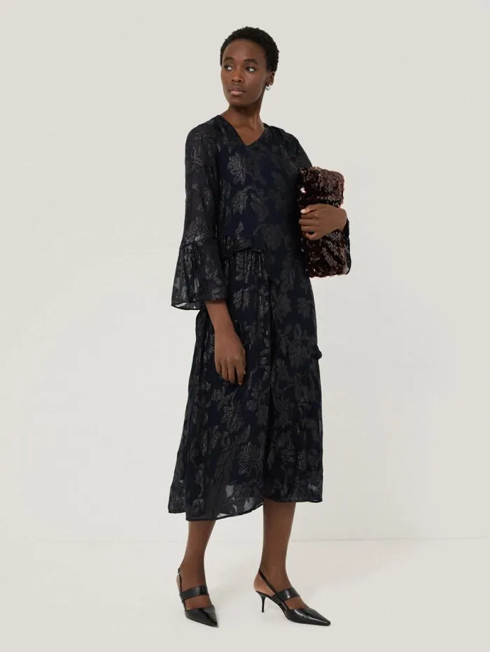 Metallic Jacquard Midi Dress Navy Women Jigsaw Party