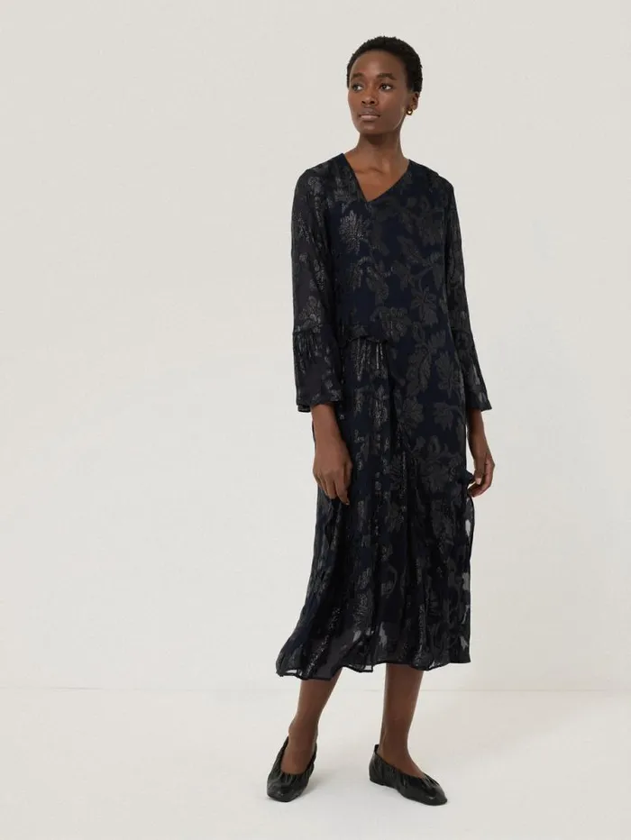 Metallic Jacquard Midi Dress Navy Women Jigsaw Party