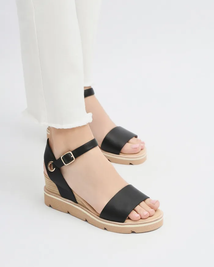 MID SANDALS Katie mid heel wedge sandals black leather jomercer Women