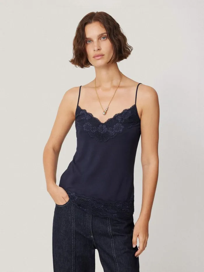 Modal Lace Vest Navy Women Jigsaw Shirts and Tops