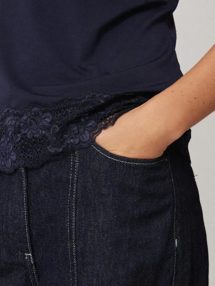 Modal Lace Vest Navy Women Jigsaw Shirts and Tops
