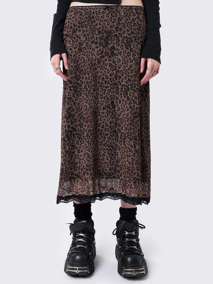 Nala Leopard Mesh Midi Skirt Women Minga London Bottoms
