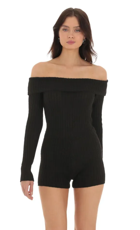 Off Shoulder Knit Romper Black Women LUCY IN THE SKY Rompers