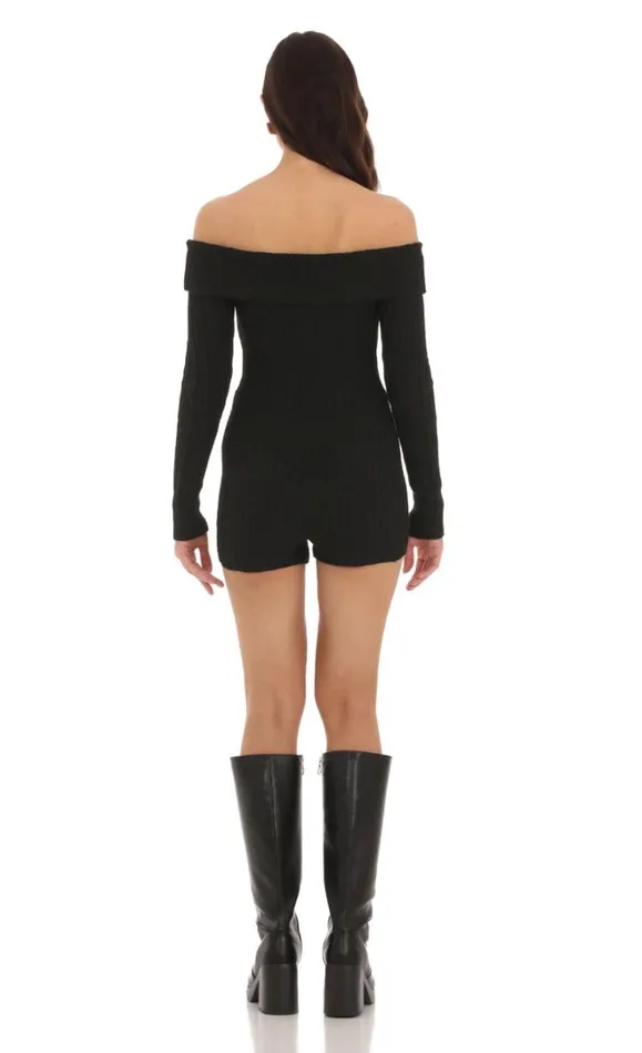 Off Shoulder Knit Romper Black Women LUCY IN THE SKY Rompers Off Shoulder Knit Romper Black Women LUCY IN THE SKY Rompers