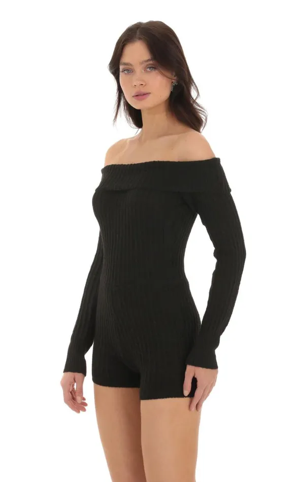 Off Shoulder Knit Romper Black Women LUCY IN THE SKY Rompers Off Shoulder Knit Romper Black Women LUCY IN THE SKY Rompers