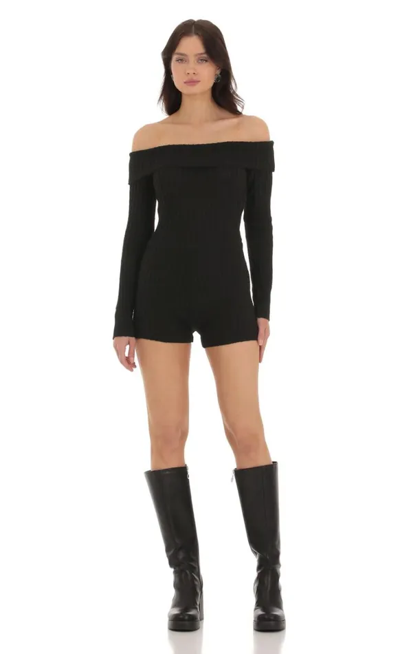 Off Shoulder Knit Romper Black Women LUCY IN THE SKY Rompers Off Shoulder Knit Romper Black Women LUCY IN THE SKY Rompers