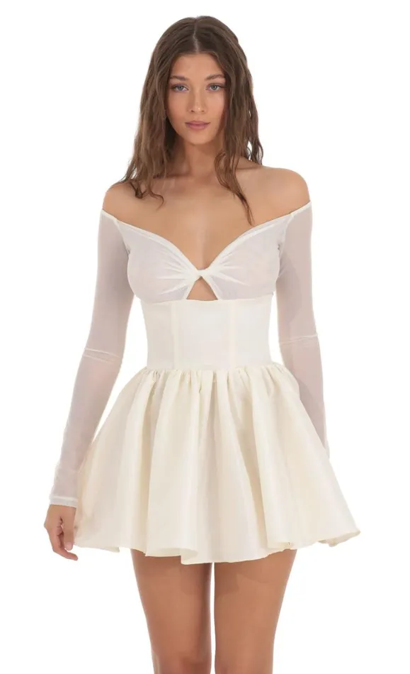 Off Shoulder Mesh Twist Cutout Flair Dress White Women LUCY IN THE SKY Mini Dresses