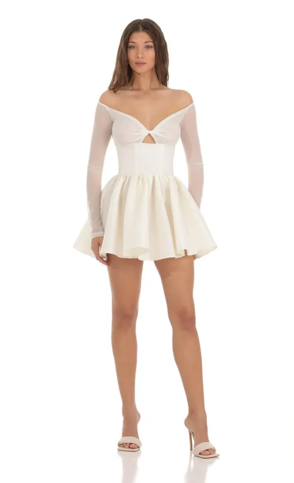 Off Shoulder Mesh Twist Cutout Flair Dress White Women LUCY IN THE SKY Mini Dresses Off Shoulder Mesh Twist Cutout Flair Dress White Women LUCY IN THE SKY Mini Dresses