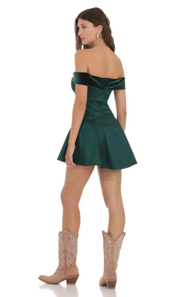 Off Shoulder Velvet Strap Aline Dress Green Women LUCY IN THE SKY Mini Dresses