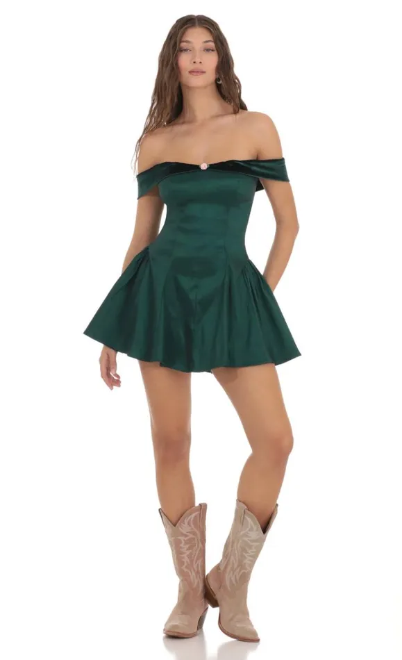 Off Shoulder Velvet Strap Aline Dress Green Women LUCY IN THE SKY Mini Dresses
