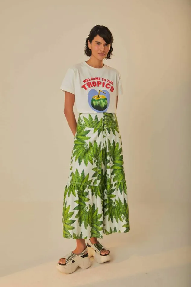 OffWhite Palm Fan Organic Cotton Maxi Skirt Women FARM Rio Skirts