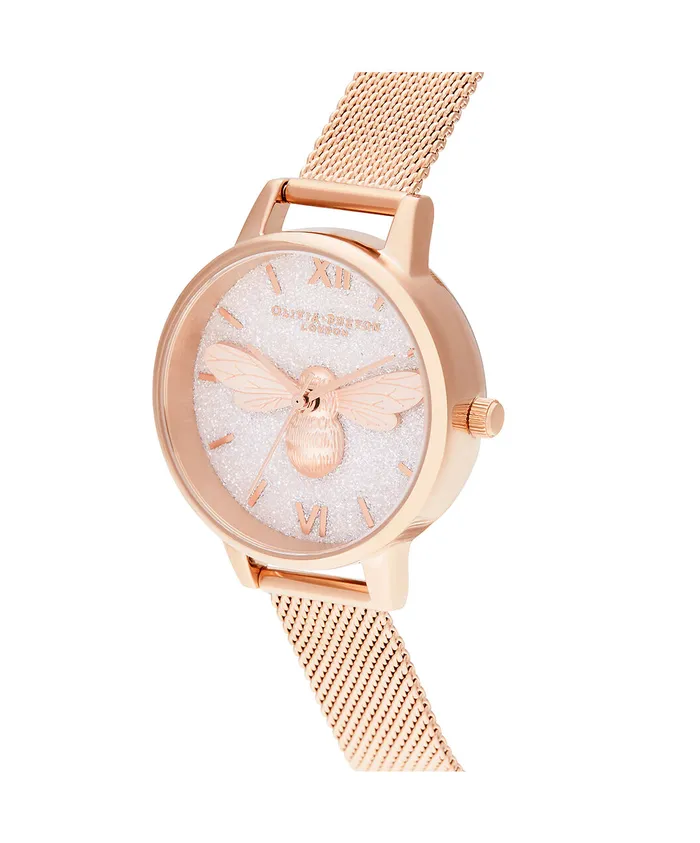 Olivia Burton Bee Watches Women 30mm White and Rose Gold Mesh Watch