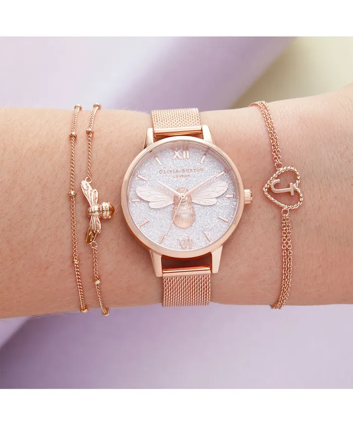 Olivia Burton Bee Watches Women 30mm White and Rose Gold Mesh Watch