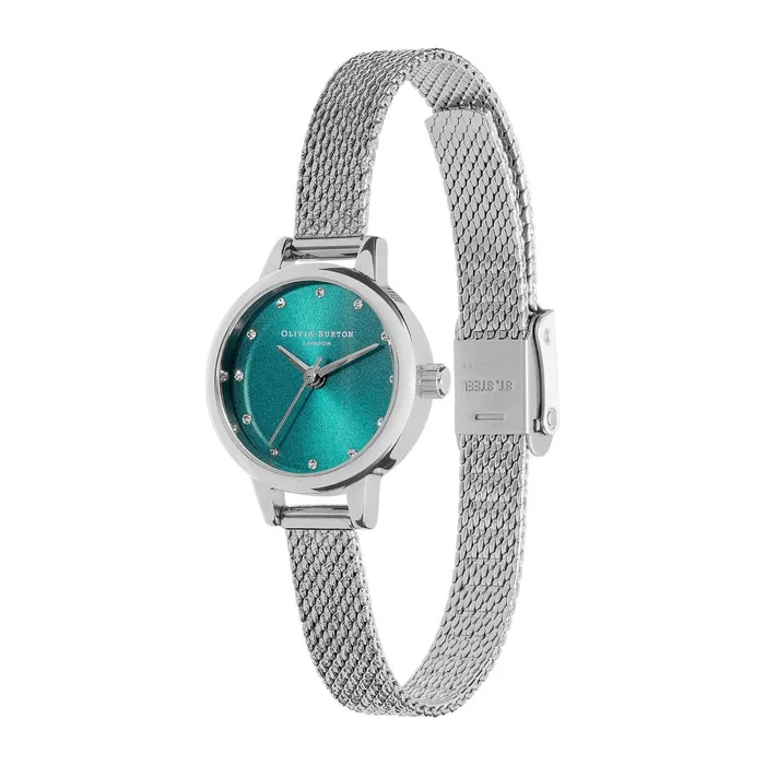 Olivia Burton Color Dial Watches Women 23mm Teal and Silver Mesh Watch