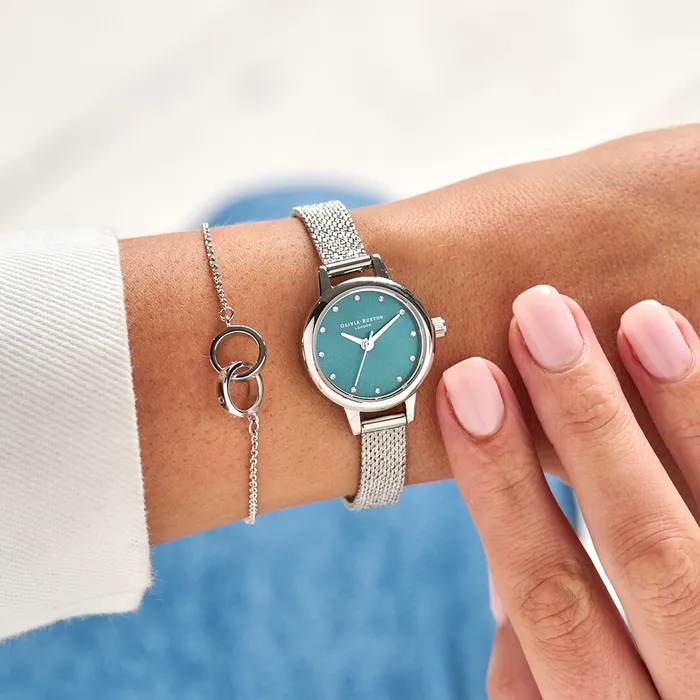 Olivia Burton Color Dial Watches Women 23mm Teal and Silver Mesh Watch