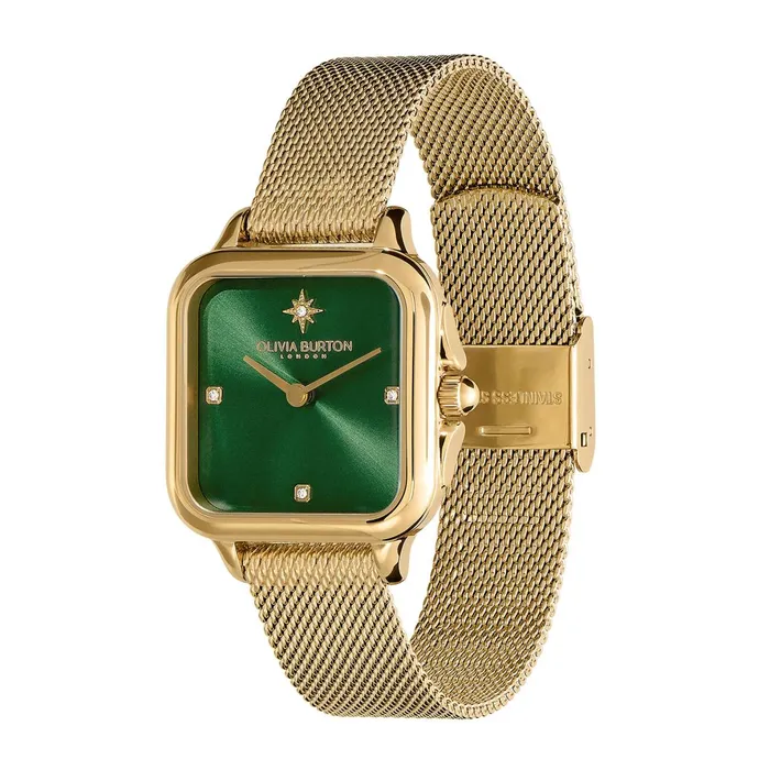 Olivia Burton Color Dial Watches Women 28mm Grosvenor Green and Gold Mesh Watch