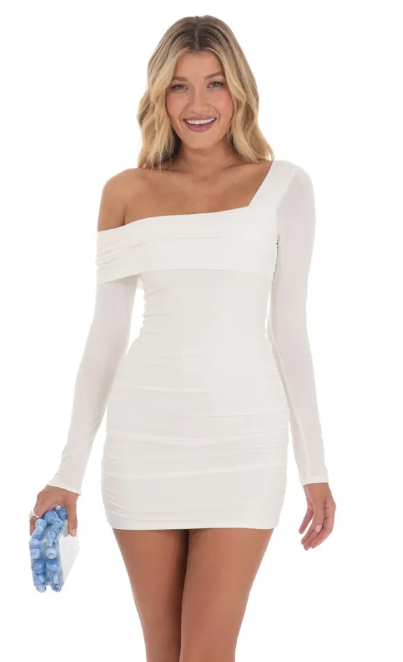 One Off Shoulder Long Sleeve Dress White Women LUCY IN THE SKY Mini Dresses