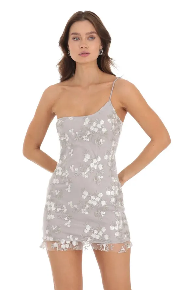 One Shoulder Dress Grey Embroidery Women LUCY IN THE SKY Mini Dresses