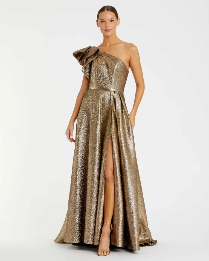 One Shoulder Metallic Ballgown Antique Bronze Evening Gowns Mac Duggal Women