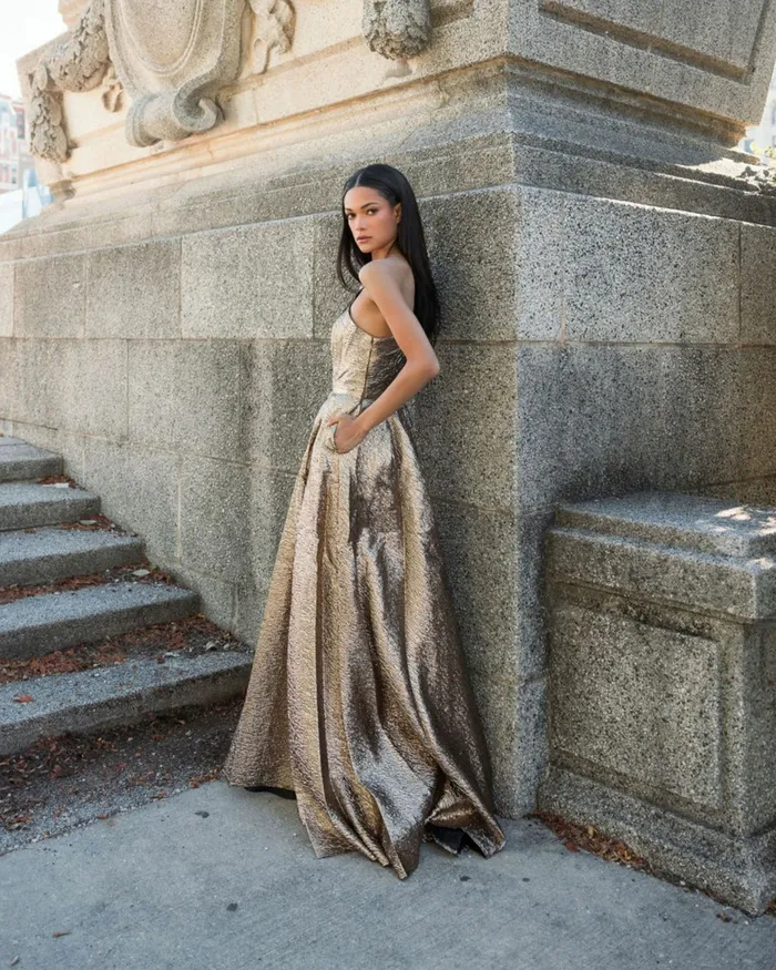 One Shoulder Metallic Ballgown Antique Bronze Evening Gowns Mac Duggal Women