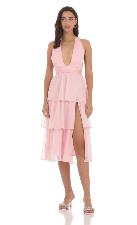 Open Back Ruffle Midi Dress Pink Women LUCY IN THE SKY Maxi Dresses