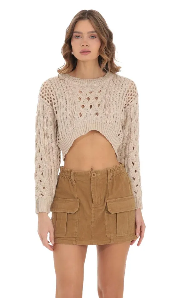 Open Knit Cropped Jumper Beige Women LUCY IN THE SKY Jumpers and Cardigans