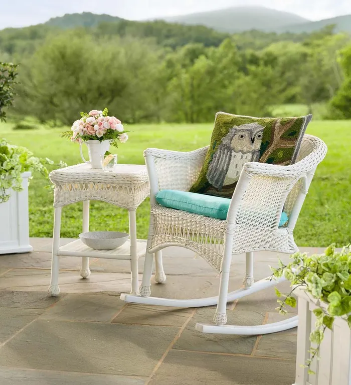Outdoor Living Easy Care Resin Wicker Rocker And End Table Plow and Hearth Outdoor Wicker