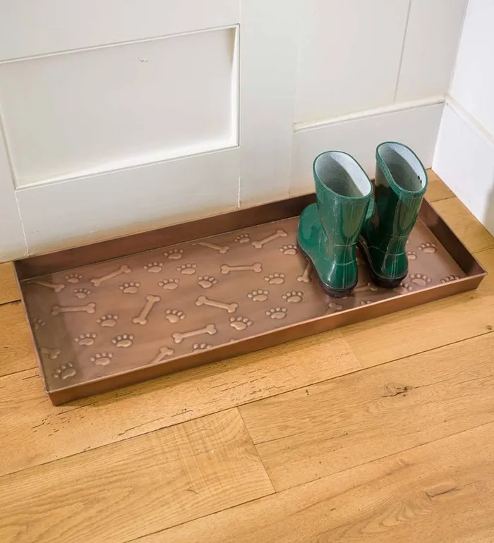 Outdoor Living Embossed Metal Paws And Bones Boot Tray Plow and Hearth Doormats and Boot Trays