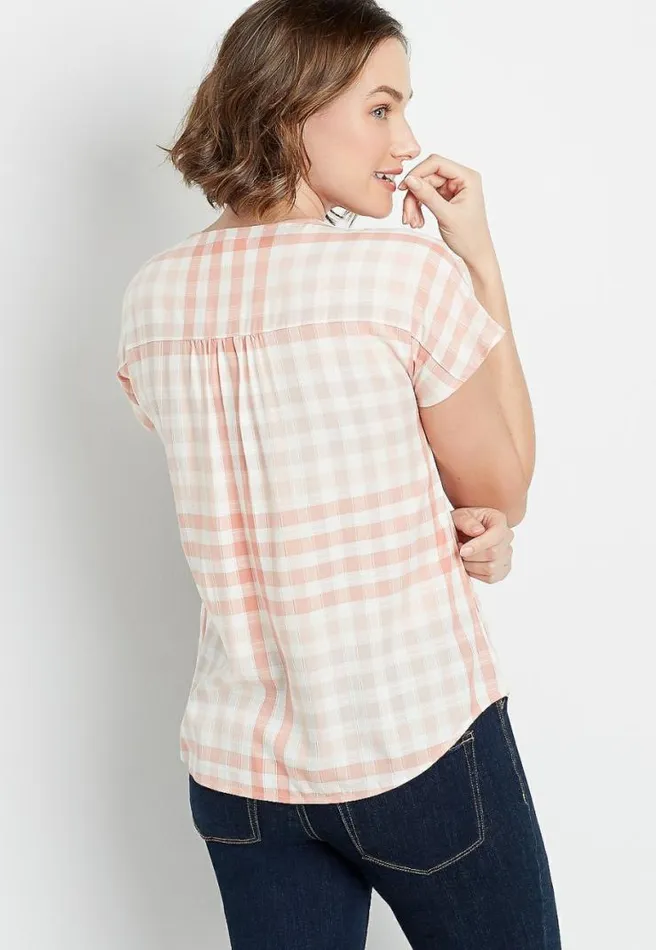 Peach Plaid Short Sleeve Button Down Shirt Women Maurices Tops