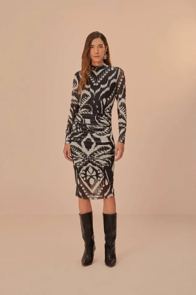 Pineapple Ikat Black Tulle Midi Dress Women FARM Rio Midi Dresses