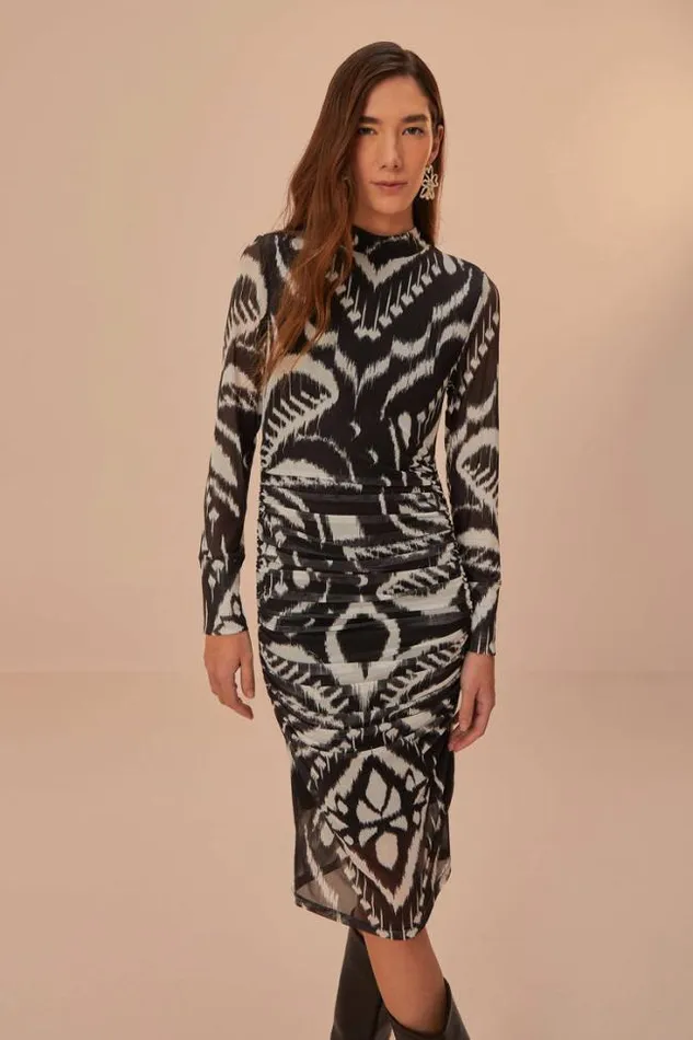 Pineapple Ikat Black Tulle Midi Dress Women FARM Rio Midi Dresses