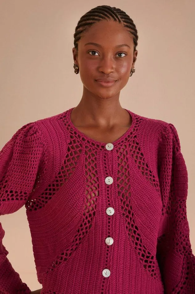 Pink Flower Draw Crochet Cardigan Women FARM Rio Cardigans