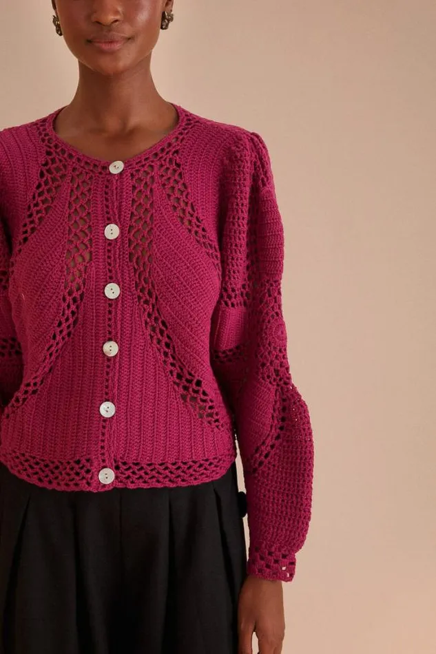 Pink Flower Draw Crochet Cardigan Women FARM Rio Cardigans